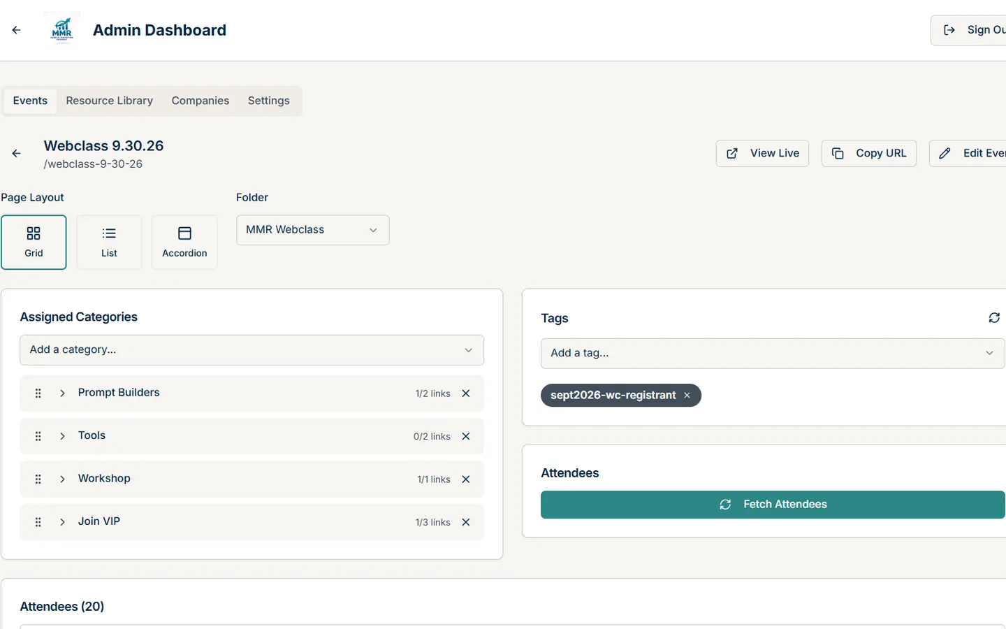 Event Resources Manager: An event page and the resources behind it