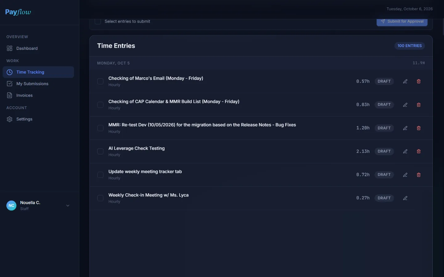 PayFlow: Hours logged against the work, ready to send for approval